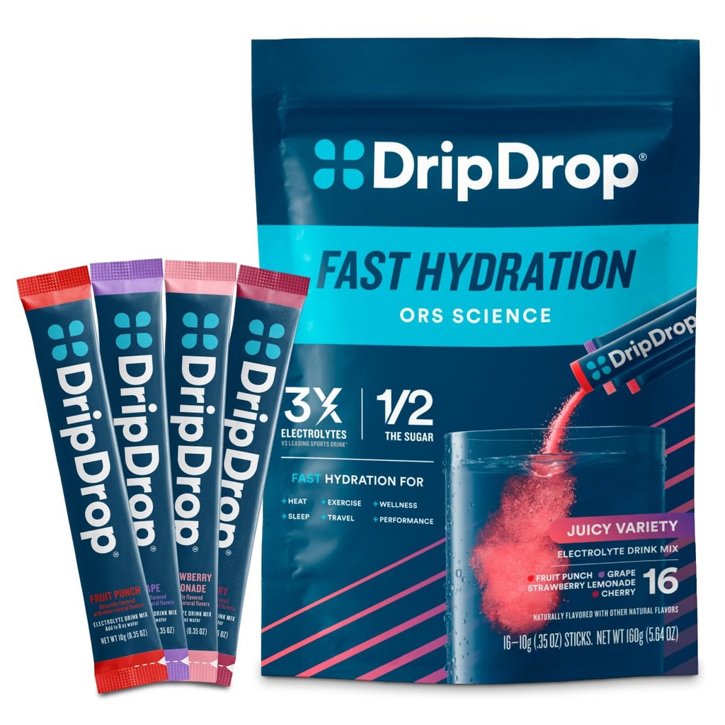 DripDrop Hydration Packets - Juicy Variety Pack - Ενιαία Σερβίρετε Ηλεκτρόλυτες Powder Drink Mix - Σταφύλι, Punch Φρούτων, Λεμονάδα Φράουλα, Cherry - Μη ΓΤΟ, Χωρίς Γλουτένη, Vegan - 16 Sticks