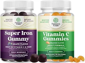 Δέσμη των Delicious Iron Gummies για γυναίκες και άνδρες - Συμπλήρωμα σιδήρου για γυναίκες και άνδρες με βιταμίνη C για υψηλότερη απορρόφηση και μασώμενη βιταμίνη C Gummies για ενήλικες - Hal Vitamin C ανοσοποιητική υποστήριξη