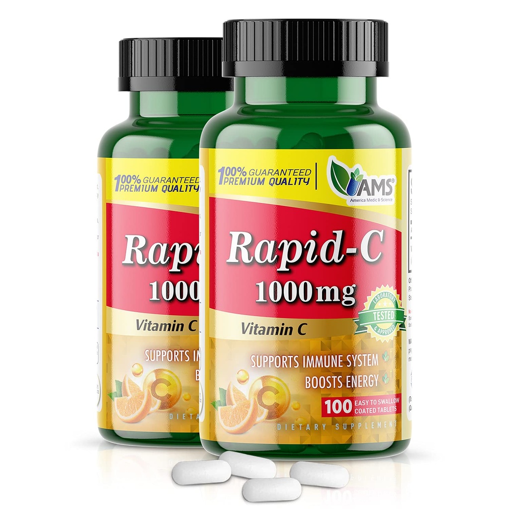 America Medic & Science Rapid-C 1000mg συμπλήρωμα βιταμίνης C (2 Pack of 100 Tablets) Ενεργειακός ενισχυτής, Καθημερινή υποστήριξη ανοσοποιητικού συστήματος, Αντιοξειδωτικό 