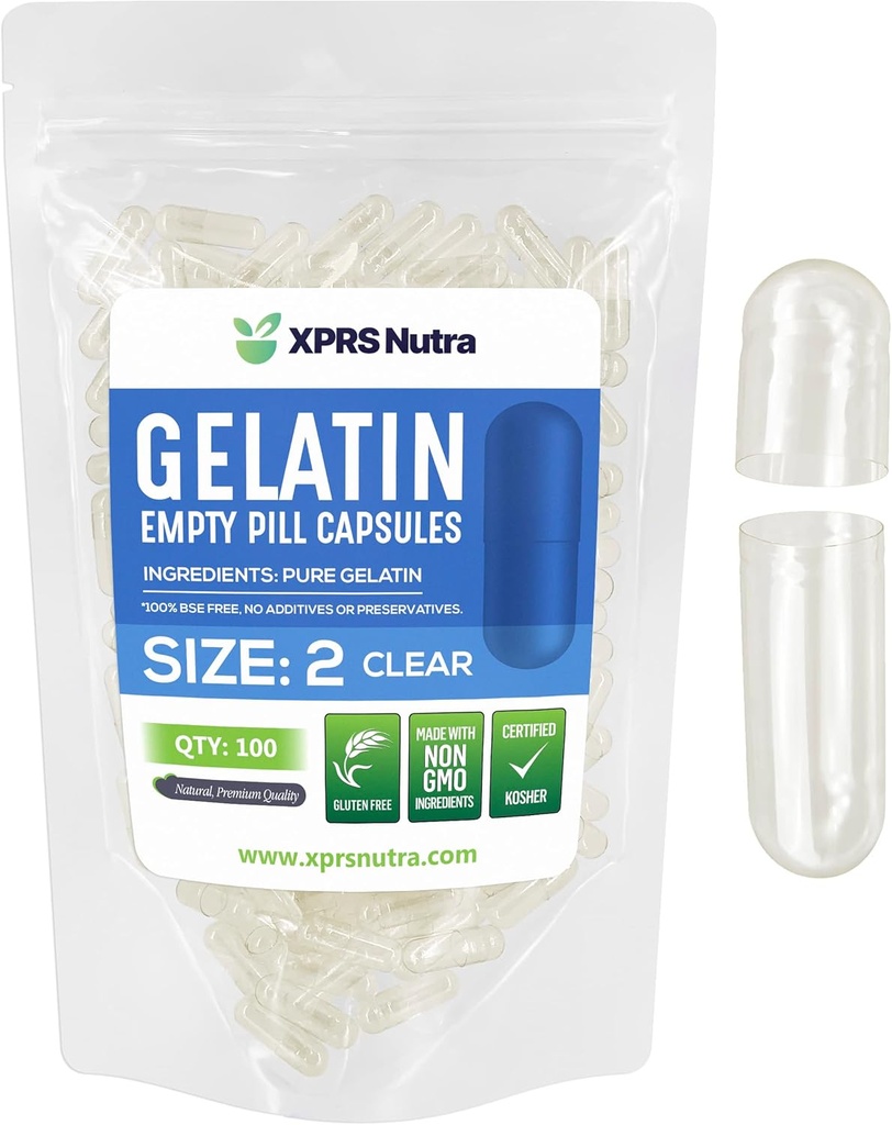 XPRS Nutra Μέγεθος 2 Κενές κάψουλες - 100 Clear Clear Empty Gelatin Κάψουλες - Χάπια DIY Καψάκιο Γέμισμα - Καθαρά καπάκια τζελ Μπόβιν Χάπια για το Do-It-Yourself Συμπληρώματα