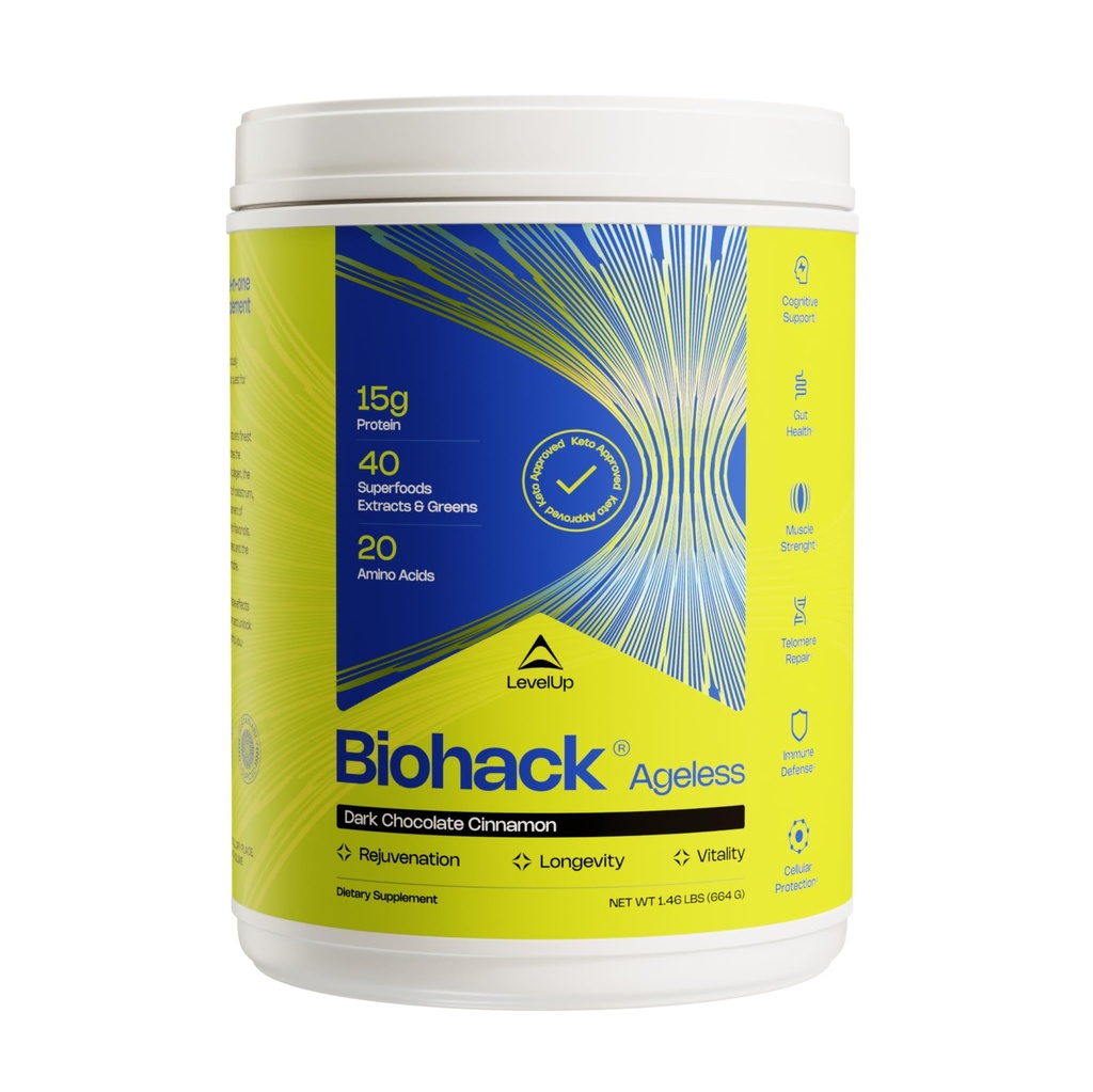 LevelUp Biohack Ageless: Colostrum Collagen Superfoods Αντιοξειδωτικά Spermidine Amino Acids Creatine for Women and Men, Total Body Rejuvenation (Σκοτεινή Κανέλα σοκολάτας)