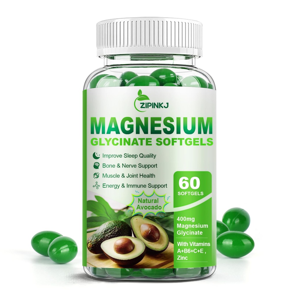 Magnesium Glycinate 400mg, High Absorption Magnesium Supplements Softgels with Vitamin E, B6, Zinc for Sleep, Calm, Muscle Relaxation & Bone Health, Gluten-Free, Non-GMO, 60 softgels