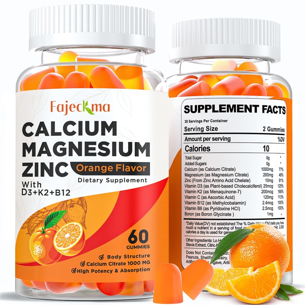 Ασβέστιο Μαγνήσιο Ψευδάργυρος Gummies για ενήλικες: Οργανικό 1000mg Ασβέστιο Κιτρικό Μαγνήσιο Συμπλήρωμα με D3 B12 - Ζάχαρη Χωρίς Υψηλή Απορρόφηση για γυναίκες άνδρες (60 Count(Pack of 2))