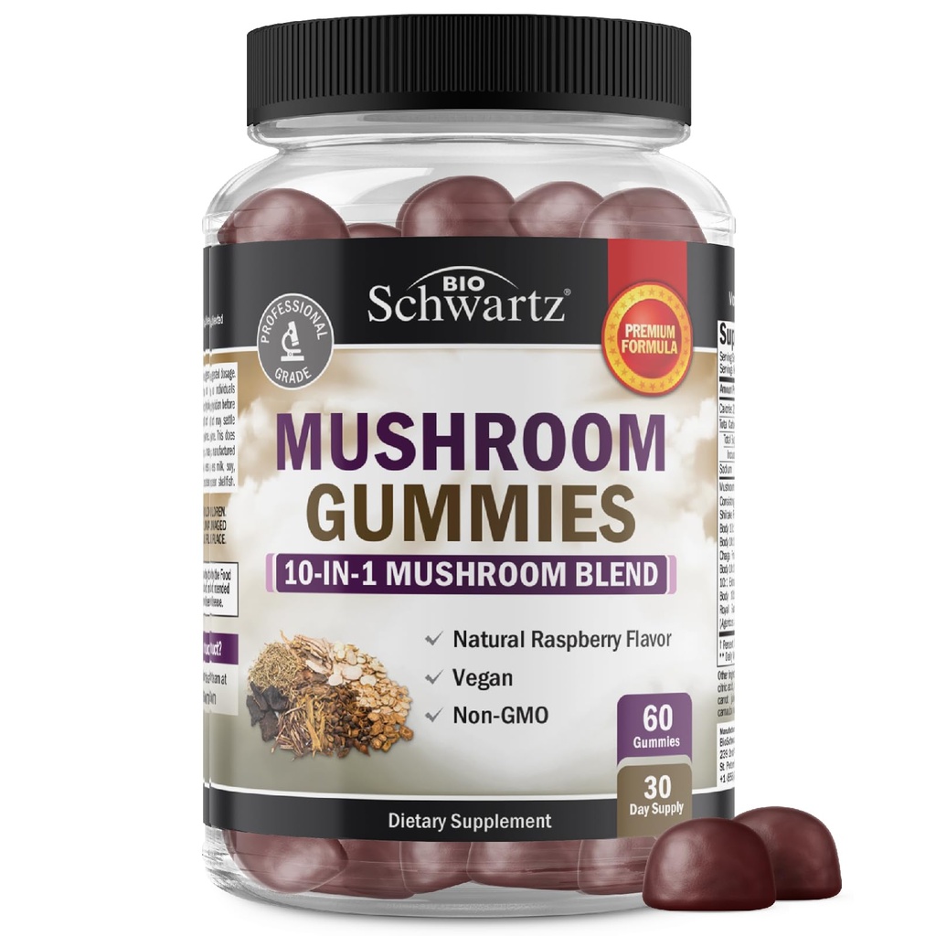 Mushroom Gummies for Adults - 10 σε-1 Λειτουργικό συμπλήρωμα μανιταριών για Mood και Focus με τα λιοντάρια Mane Τουρκία Tail Cordyceps Shiitake Reishi - Vegan, Non-GMO, Fresh Raspberry Flavor, 60 Count