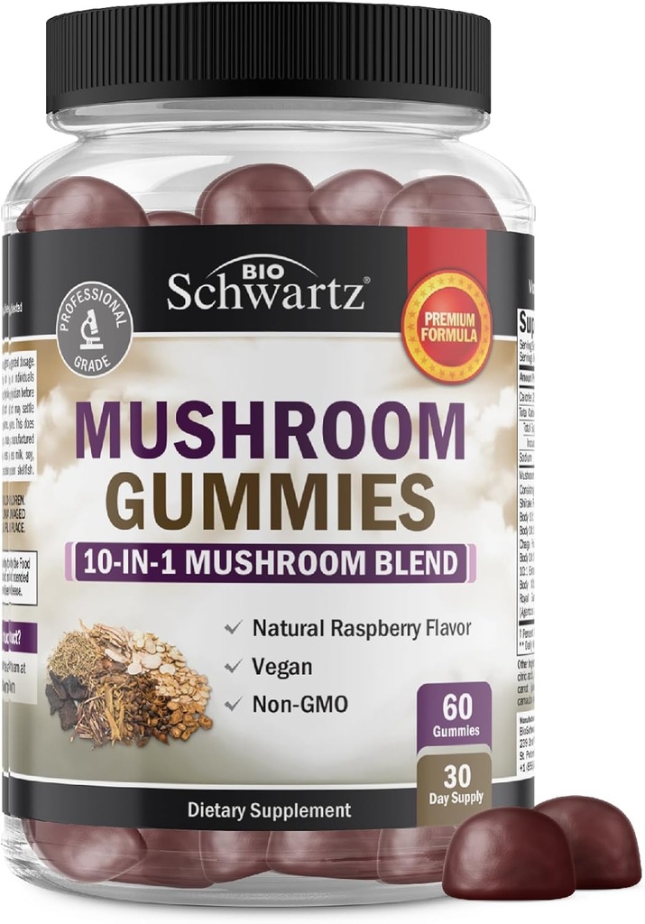 Mushroom Gummies for Adults - 10 σε-1 Λειτουργικό συμπλήρωμα μανιταριών για Mood και Focus με τα λιοντάρια Mane Τουρκία Tail Cordyceps Shiitake Reishi - Vegan, Non-GMO, Fresh Raspberry Flavor, 60 Count