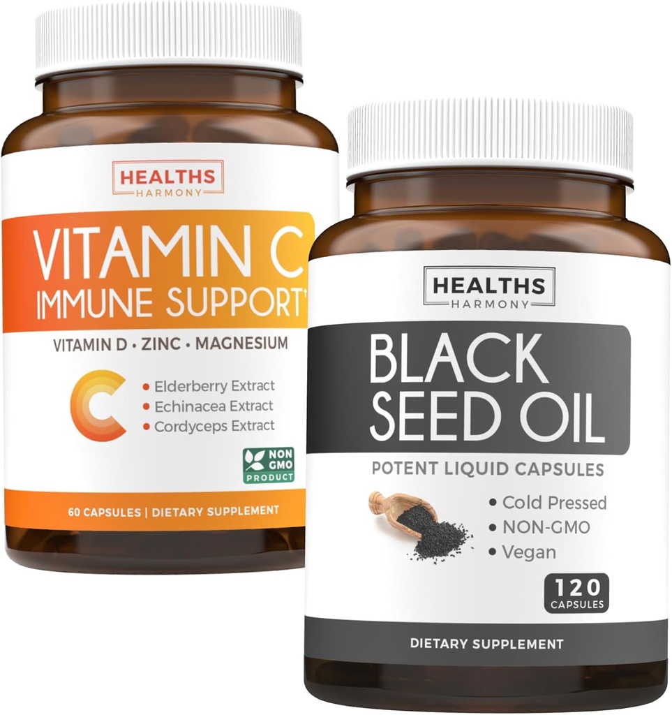 Black Seed & Vitamin C (2-Month Supply) Πλήρης Προστατευτική Ανοσοποιητική Δέσμη Μαύρου Λαδιού Σπόρου - Nigellia Sativa Ψυχρό-Pressed Σπόροι Κύμινου (120 Capules) & Βιταμίνη C Ανοσολογική Υποστήριξη (60 Χορτοφαγικά δισκία)