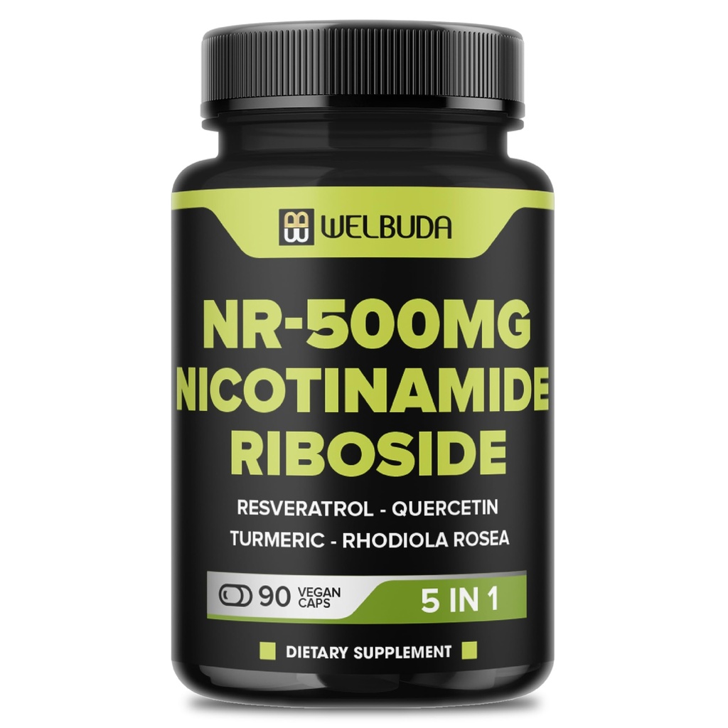 WELBUDA 5in1+ Nicotinamide Riboside Supplement with Resveratrol, Quercetin, Turmeric, Rhodiola Rosea - 90 Count for 90 Days