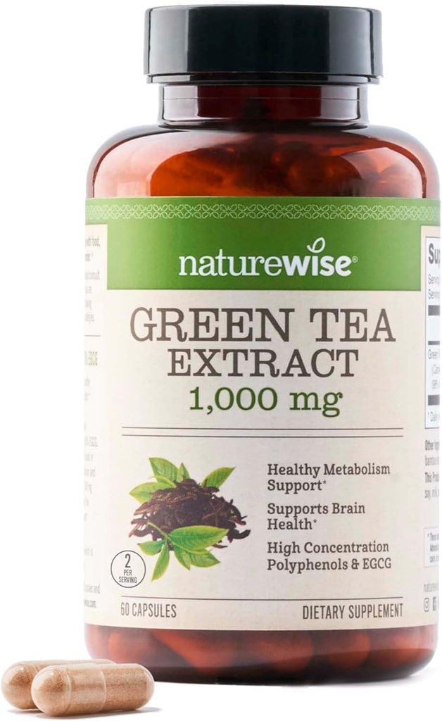 NatureWise Green Tea Extract Capsules 1000 mg - 50% EGCG & 98% Polyphenols - Extra Strength Green Tea Pills - Αντιοξειδωτικά για την Υγεία της Καρδιάς & Ενέργειας - Vegan, Non-GMO - 60 Count[30-Day Supply]