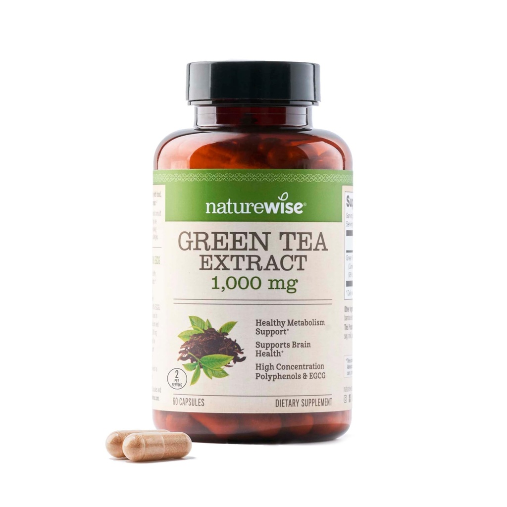 NatureWise Green Tea Extract Capsules 1000 mg - 50% EGCG & 98% Polyphenols - Extra Strength Green Tea Pills - Αντιοξειδωτικά για την Υγεία της Καρδιάς & Ενέργειας - Vegan, Non-GMO - 60 Count[30-Day Supply]