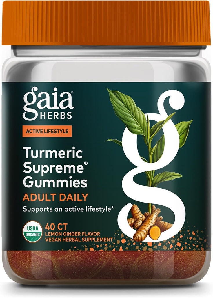 Gaia Herbs Turmeric Supreme Adult Daily Gummies-Καθημερινή υποστήριξη για υγιή, ενεργή ζωή-USDA πιστοποιημένη οργανική ανάμειξη τουurmeric και υποστηρικτικά βότανα-40 Gummies (20-Ημέρα εφοδιασμού)