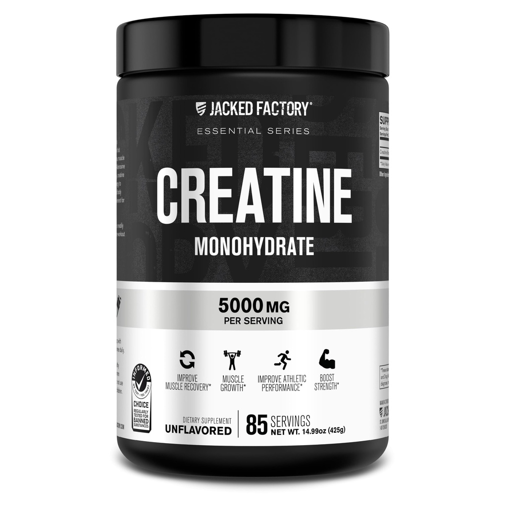 Jacked Factory Creatine Monohydrate Powder 425g - 5g Daily Creatine Supplement for Men and Women, Vegan-Friendly, Third-Party Tested - 85 Υπηρεσίες, Χωρίς άρωμα