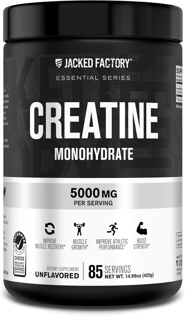 Jacked Factory Creatine Monohydrate Powder 425g - 5g Daily Creatine Supplement for Men and Women, Vegan-Friendly, Third-Party Tested - 85 Υπηρεσίες, Χωρίς άρωμα