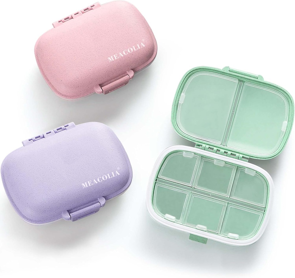 MEACOLIA 3 Pack 8 Διαμερίσματα Travel Pill Organizer, Daily Pill Case Μικρό Κουτί Χάπια για Pocket Purse, Portable Pill Container Medicine Vitamin Organizer (Purple, Green, Pink)