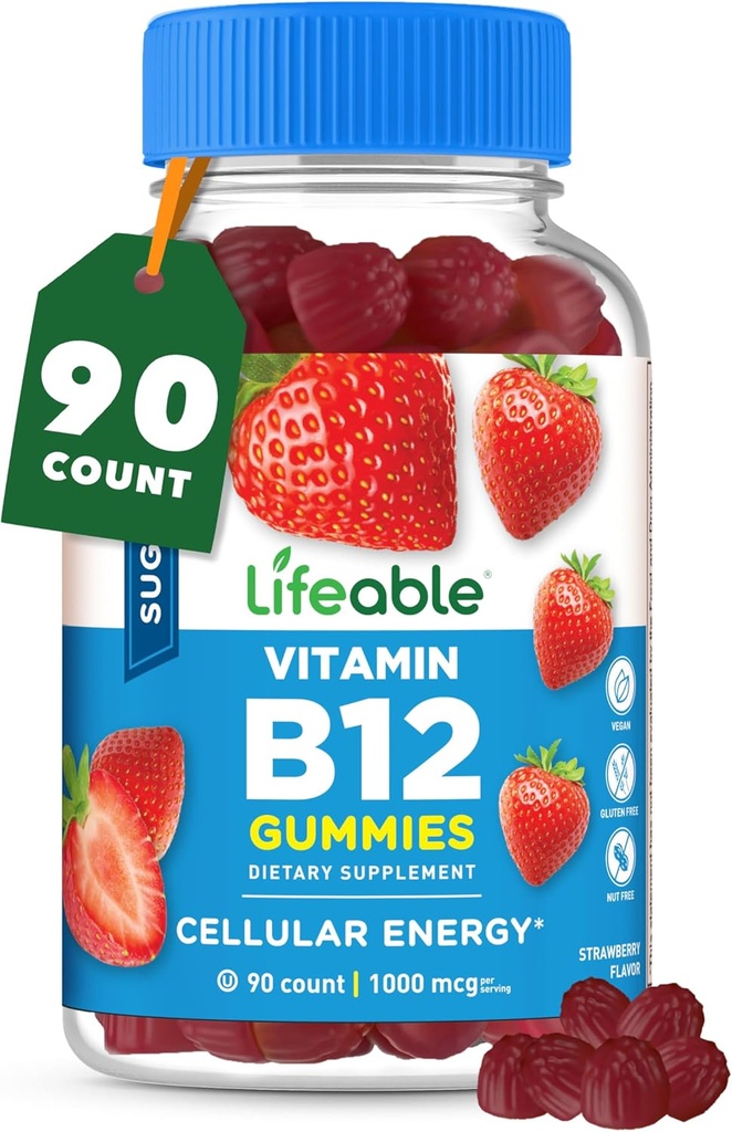 Lifeable Sugar Free Vitamin B12 Gummies | 1000 mcg | Great Tasting B12 Vitamins Gummies | Energy, Mood, and Metabolism Support | B 12 Vitamin Gummies for Men, Women, Adults | 90 Gummies