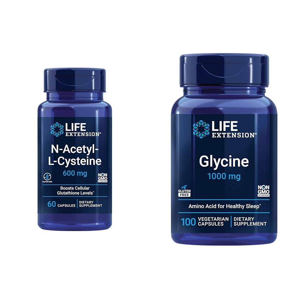 Επέκταση ζωής N-Acetyl-L-Cysteine (NAC) & Glycine 1000 mg, Προάγει την χαλάρωση, τον υγιή ύπνο, το αμινοξύ, τη γλουτένη, τη μη ΓΤΟ, τη χορτοφαγική, τις 100 κάψουλες