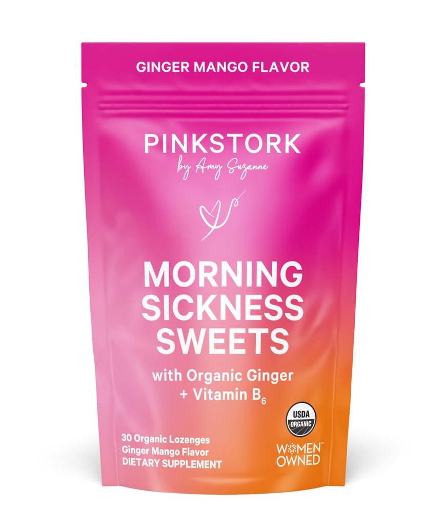 Pink Stork Morning Sickness Sweets, Organic Mango Ginger Candy με βιταμίνη Β6 για την πρωινή ασθένεια, την αδιαθεσία κίνησης, την προγεννητική εγκαύματα - Εγκυμοσύνη Πρέπει να έχει - 30 τυλιγμένες σταγόνες