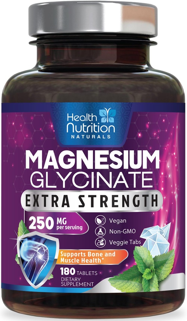 Magnesium Glycinate 250mg Per Serving - High Absorption 100% Chelated Magnesium Formula - Muscle, Nerves, Bone & Heart Health Support Supplement, Gluten-Free Non-GMO Vegan - Bottled USA - 180 Tablets
