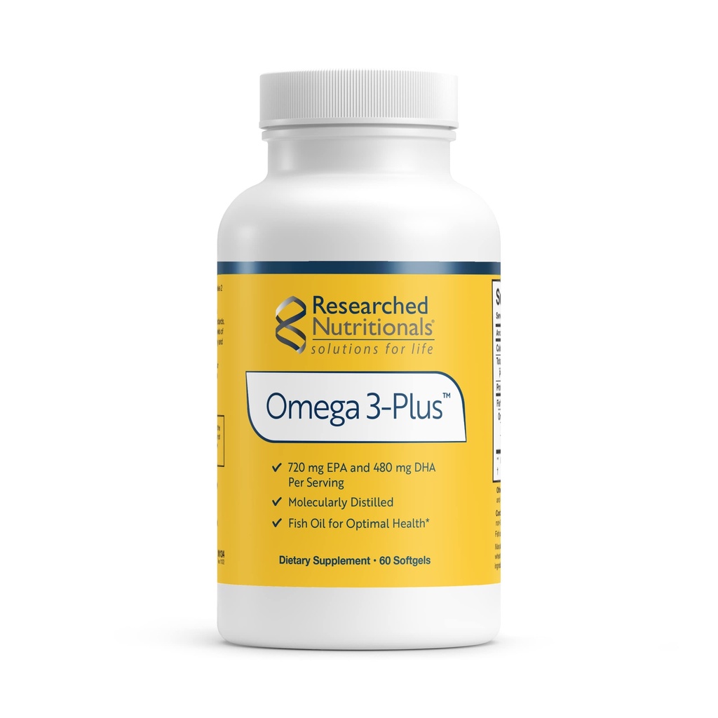 Researched Nutritionals Omega-3 Plus - Fish Oil Supplements for Heart Health, Brain & Immune Support - Omega-3 Fish Oil with EPA DHA - Purity Tested Essential Fatty Acid Nutritional Supplement (60 ct)
