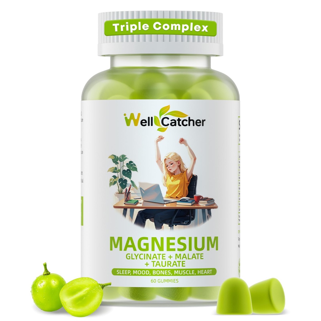 Triple Magnesium Complex Gummies for Women Men: Magnesium Glycinate Malate Taurate Supplements Support Sleep Mood Balanced Bones Muscle Health with CoQ10 Vta D3 Calcium, Sugar Free Vegan 30 Days