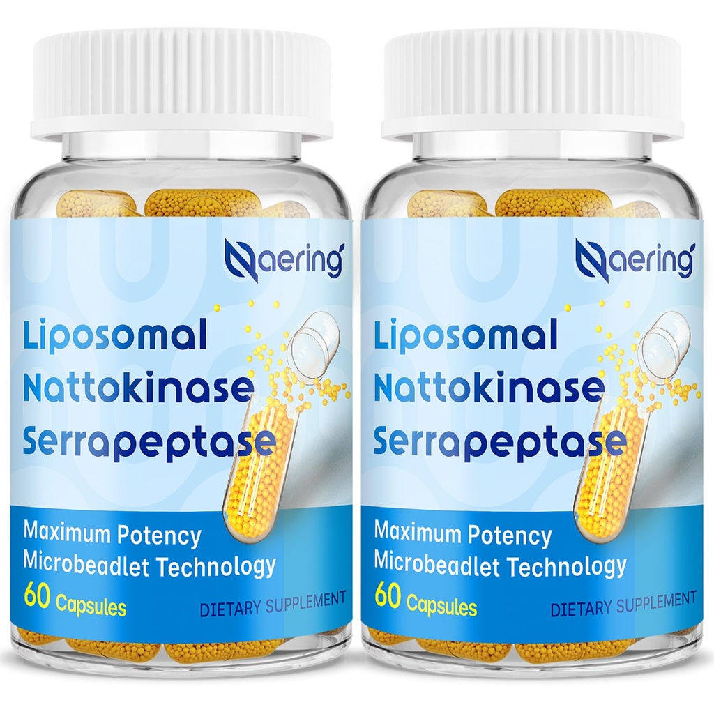 Λιποσωμική Ναττοκινάση 12,000 FU Serrapeptase 360, 000 SPU Enzyme Supplement - Εμπλουτισμένη με Συνεργατικά Ένζυμα και Θρεπτικό Μείγμα & Ινουλίνη για Κυκλοφορικό, Ορός, Διηθητική 60 Κάψουλες (2 Φιάλη)