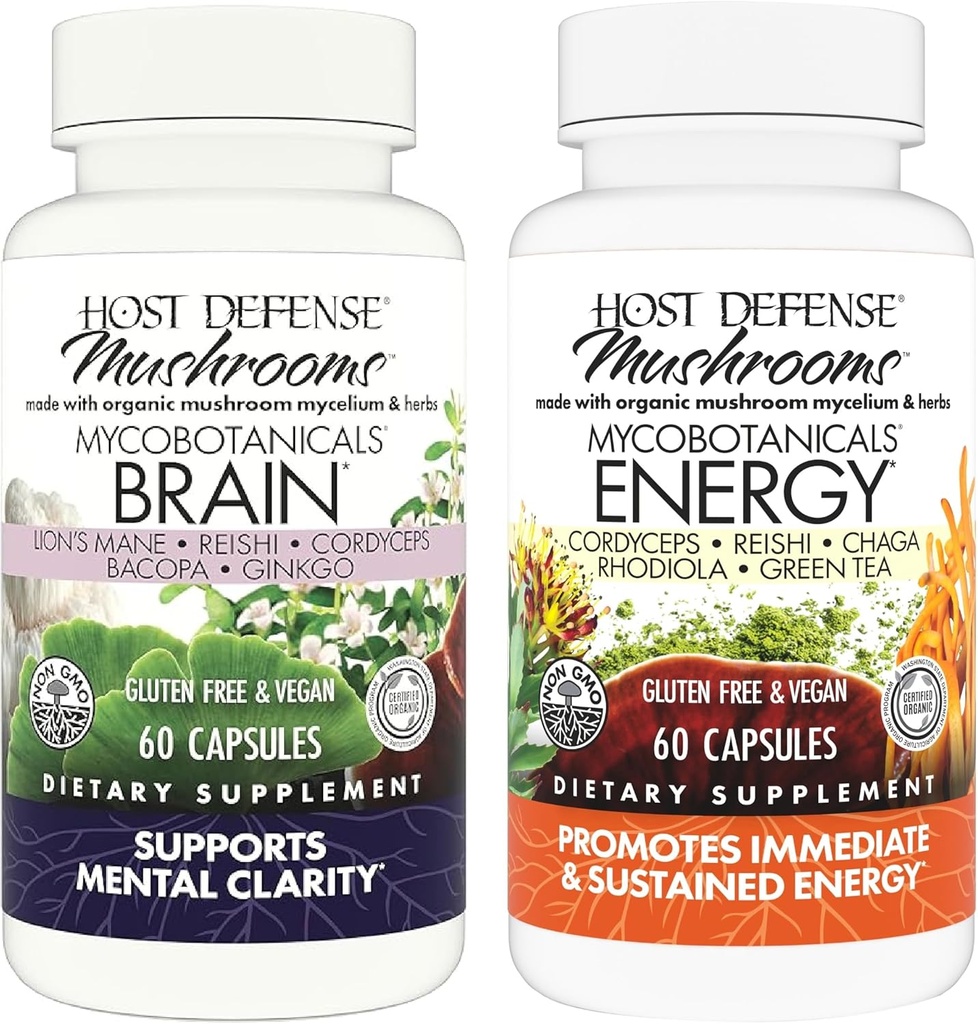 Host Defense Bundle with MycoBotanicals Brain* Capsules, 60 Count & MycoBotanicals Energy* Capsules, 60 Count - Support Memory & Focus - Support Sustained Energy*