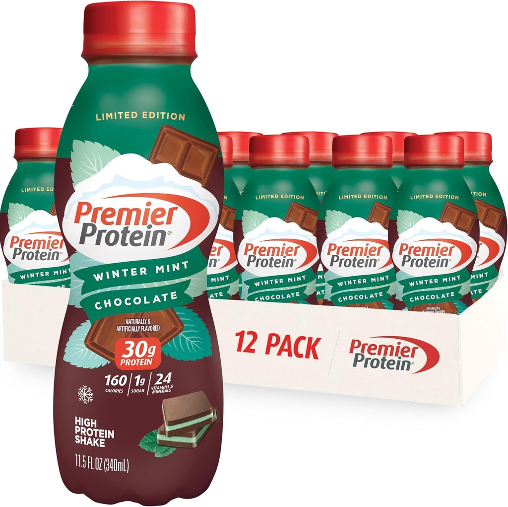 Premier Protein Shake, Limited Edition Winter Mint Chocolate, 30g Protein, 1g Sugar, 24 Βιταμίνες & Ορυκτά, θρεπτικά συστατικά για την υποστήριξη της ανοσοποιητικής υγείας, 11,5 oz, 12 Pack