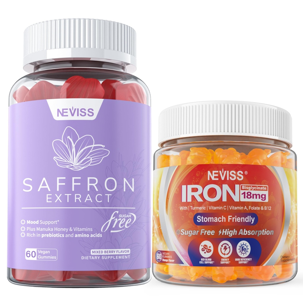 1Pack Saffron Supplement Gummies 100% Pure Saffron Extract Full Herb Gummies + 2P Vegan Iron Gummies Supplement with Vitamin C, B12, Folate & Turmeric