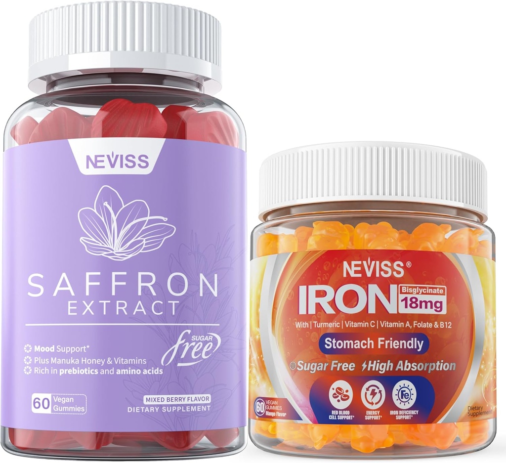 1Pack Saffron Supplement Gummies 100% Pure Saffron Extract Full Herb Gummies + 2P Vegan Iron Gummies Supplement with Vitamin C, B12, Folate & Turmeric