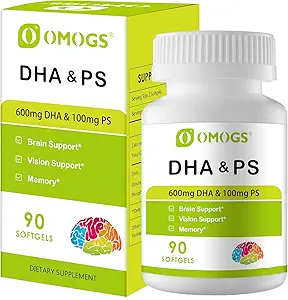 OMOGS Algae DHA - 600 mg Omega-3 DHA Softgels, με Phosphatidylserine & Walnut Oil, Υποστηρίζει υγιή εγκεφαλική λειτουργία, όραση, μάτια & μνήμη, χωρίς γλουτένη, μη GMO Vegan Algae Oil, 90 Softgels