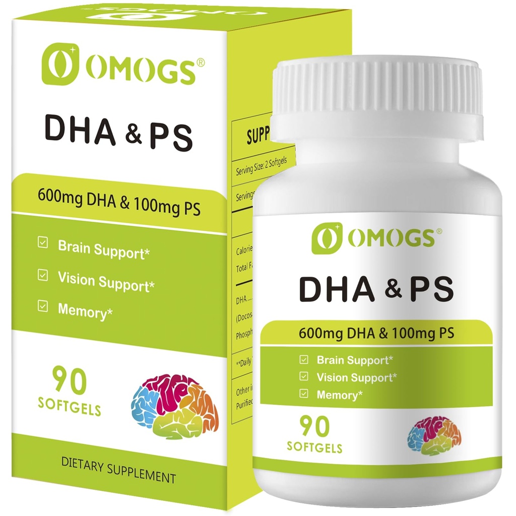 OMOGS Algae DHA - 600 mg Omega-3 DHA Softgels, με Phosphatidylserine & Walnut Oil, Υποστηρίζει υγιή εγκεφαλική λειτουργία, όραση, μάτια & μνήμη, χωρίς γλουτένη, μη GMO Vegan Algae Oil, 90 Softgels