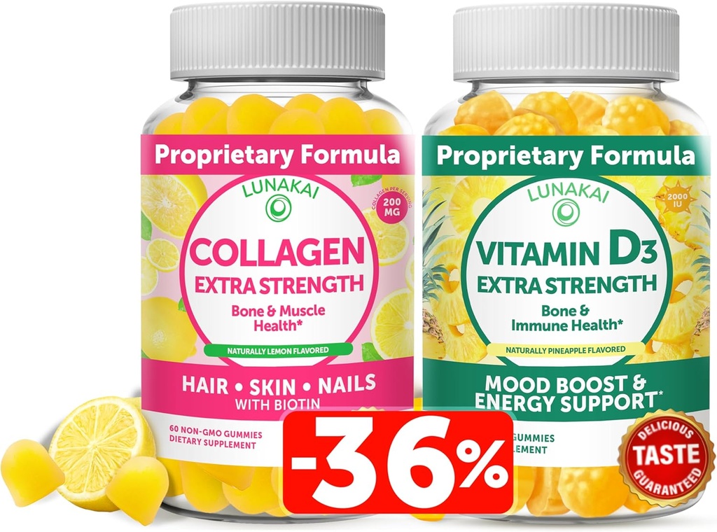 Lunakai Collagen και βιταμίνη D3 Gummies Bundle - Μη ΓΤΟ Συμπληρώματα Αντιγήρανσης για άνδρες & γυναίκες - Ανοσία, οστά και Mood Υποστήριξη Gummy για ενήλικες - 30 ημέρες προσφοράς