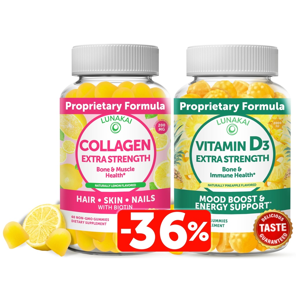 Lunakai Collagen and Vitamin D3 Gummies Bundle - Non-GMO Anti Aging Supplements for Men & Women - Immunity, Bone and Mood Support Gummy for Adults - 30 Days Supply