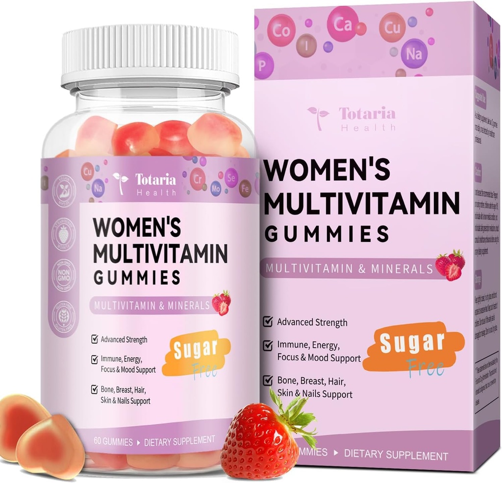 Totaria Ζάχαρη Δωρεάν πολυβιταμίνες Gummies για γυναίκες 14+ w/Iron, Ινοσιτόλη, Folate, Biotin, Womens Daily Multivitamin Gummy w/Vitamin A, C, B, D3, K2, για μαλλιά, δέρμα, ενέργεια, ανοσοποιητικό, φράουλα Γεύση