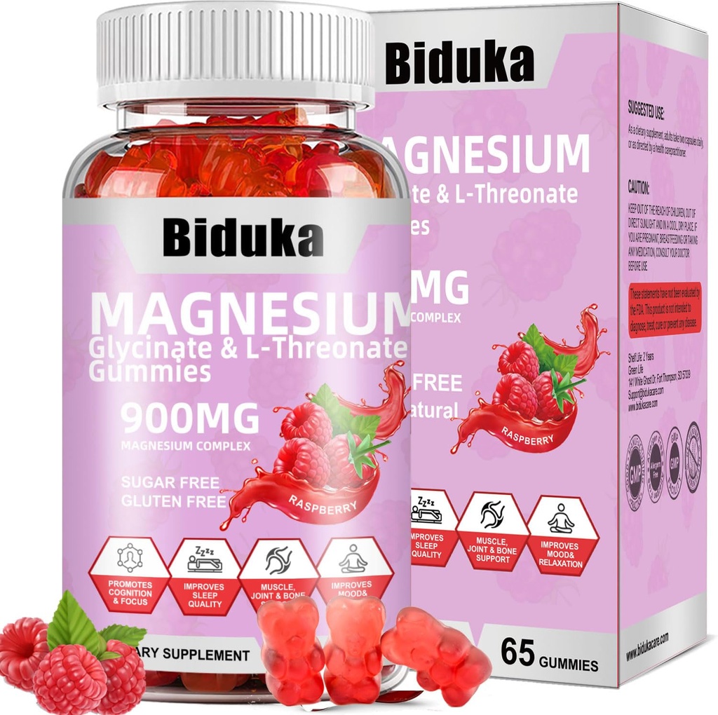 900mg σύμπλοκο μαγνησίου 65 Gummies σμέουρων, χωρίς ζάχαρη Γλυκινικό μαγνήσιο & L-Θρεονικό κάλιο συμπλήρωμα με βιταμίνη D, B6, CoQ10 για χαλάρωση