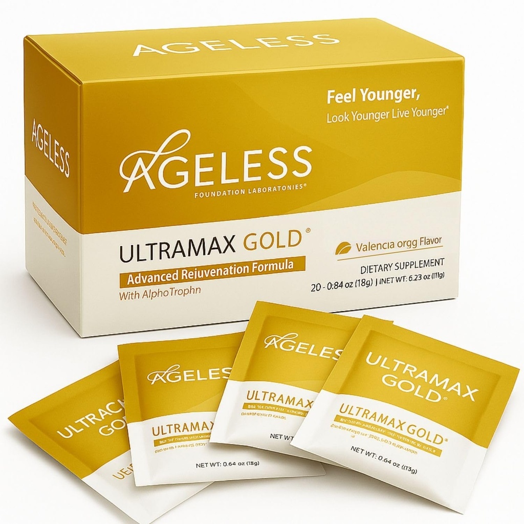 Ageless UltraMAX Gold, Anti-Aging HGH Supplement for Women & Men 22 Packets | Rejuvenates Skin, Restores Youthful Appearance, Boosts Energy & Sleep, Effervescent Powder - Valencia Orange Flavor