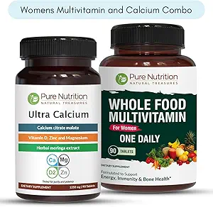 Pure Nutrition Ultra Calcium 1000mg και Women Foods Multivitamins 1500mg για υγιή οστά, μεταβολική υποστήριξη, αρθρώσεις και συνολική ευεξία. Ultra Calcium 90 Tabs + Γυναίκες Πολυβιταμίνες 90 Tabs.