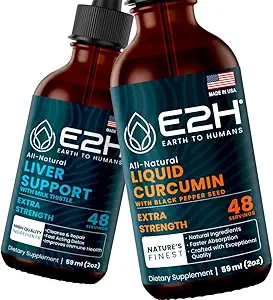 E2H: Liver Support Supplement and Liquid Turmeric Curcumin | Vegan, Non-GMO - 2 Fl Oz Each (4 Fl Oz Total) - Bundle
