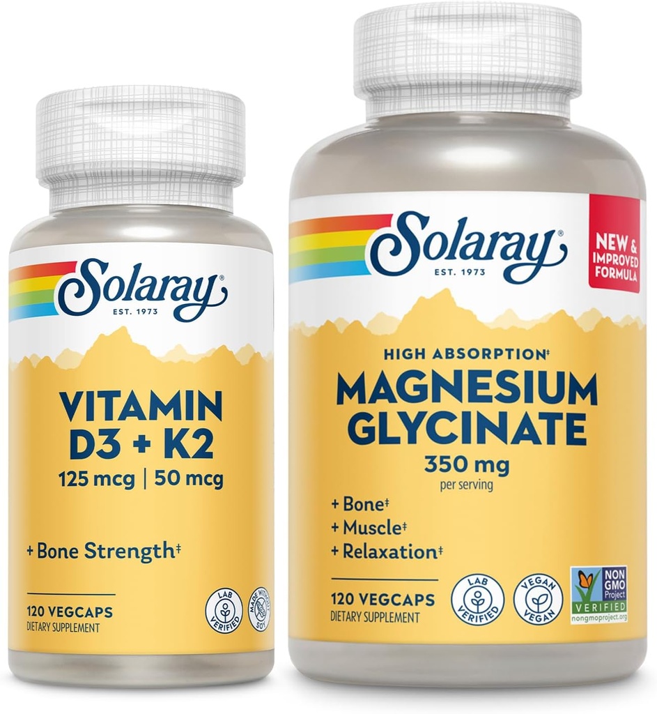 SOLARAY Vitamin D3 K2 and Magnesium Glycinate - Bundle για την υγεία των οστών - Απορρόφηση ασβεστίου, Νεύρο, καρδιά και ανοσοποιητική υποστήριξη w/ 5000 IU Vitamin D, 350mg χημικού μαγνησίου, 60 ημερών εγγύηση, 120ct/120ct
