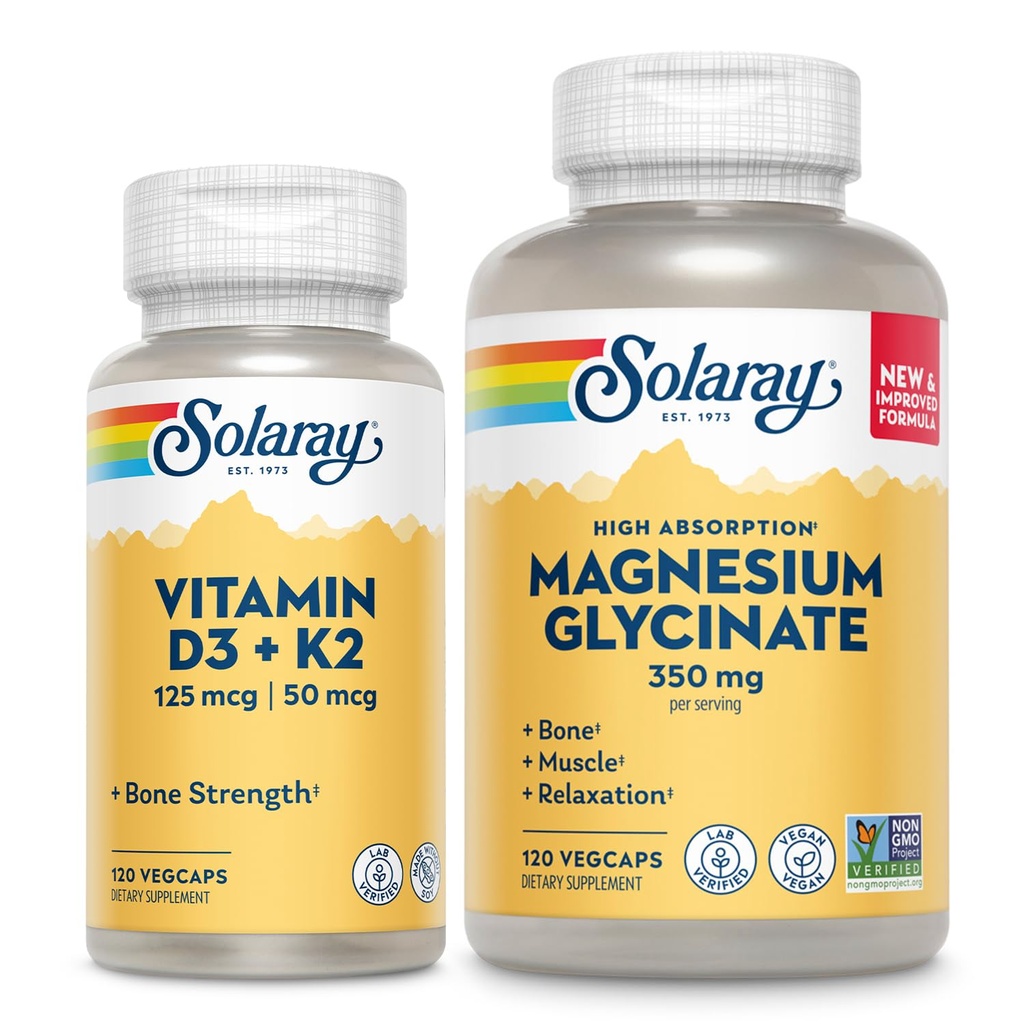 SOLARAY Vitamin D3 K2 and Magnesium Glycinate - Bundle για την υγεία των οστών - Απορρόφηση ασβεστίου, Νεύρο, καρδιά και ανοσοποιητική υποστήριξη w/ 5000 IU Vitamin D, 350mg χημικού μαγνησίου, 60 ημερών εγγύηση, 120ct/120ct