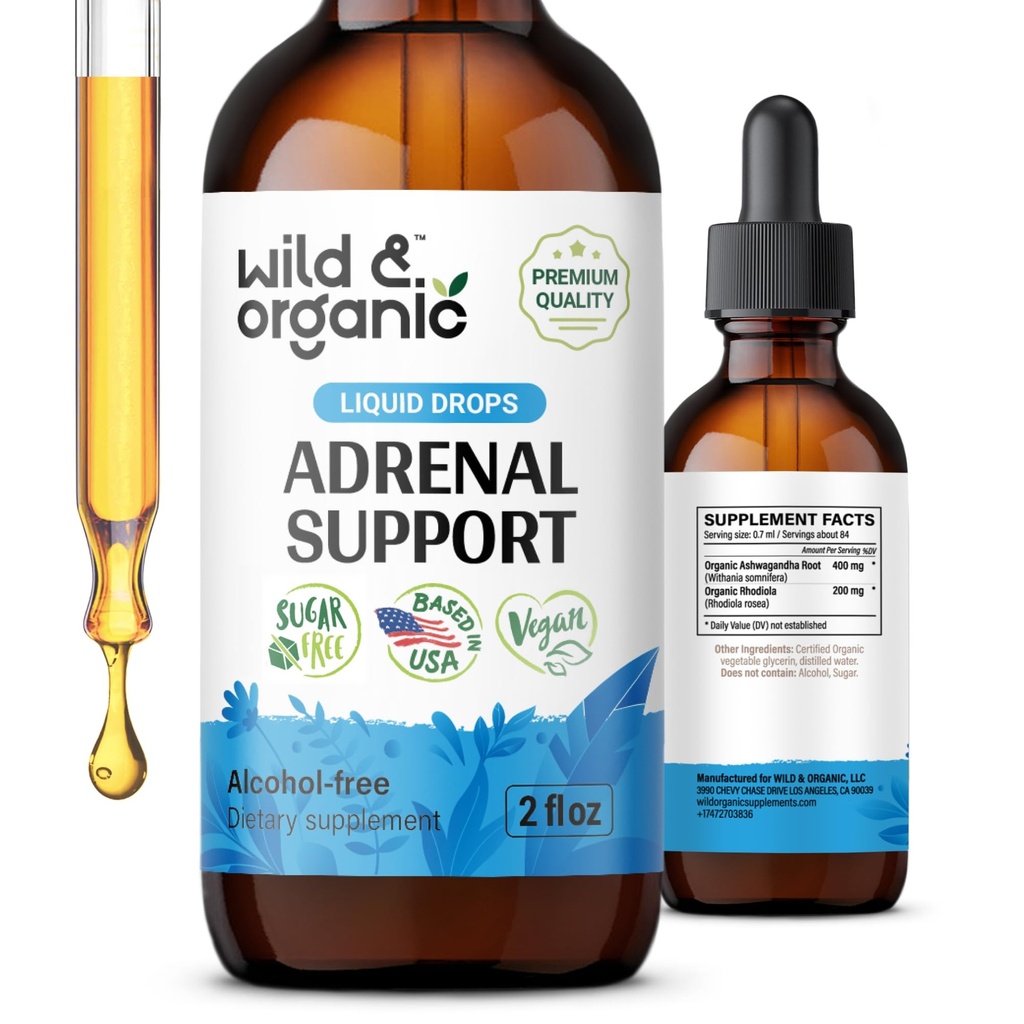 Wild & Organic Adrenal Υποστήριξη Βάμμα για το θετικό Outlook - Adrenal Complex με Ashwagandha, Rhodiola Rosea Root - 1-Month Supply - Vegan, Χωρίς Ζάχαρη & Αλκοόλ - 2 fl oz
