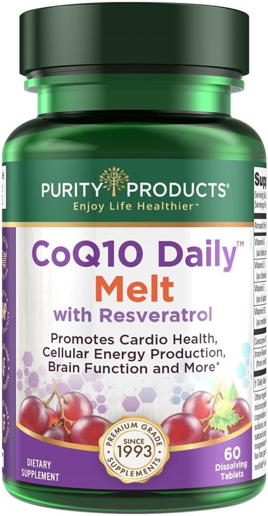 Προϊόντα καθαρότητας CoQ10 Καθημερινά με Resveratrol Melt 100mg CoQ10-30mg Trans-Resveratrol - Βιταμίνη Α, D3, E, και B12 (ως μεθυλοκοβαλαμίνη) - 60 Δισκία ταχείας διάλυσης
