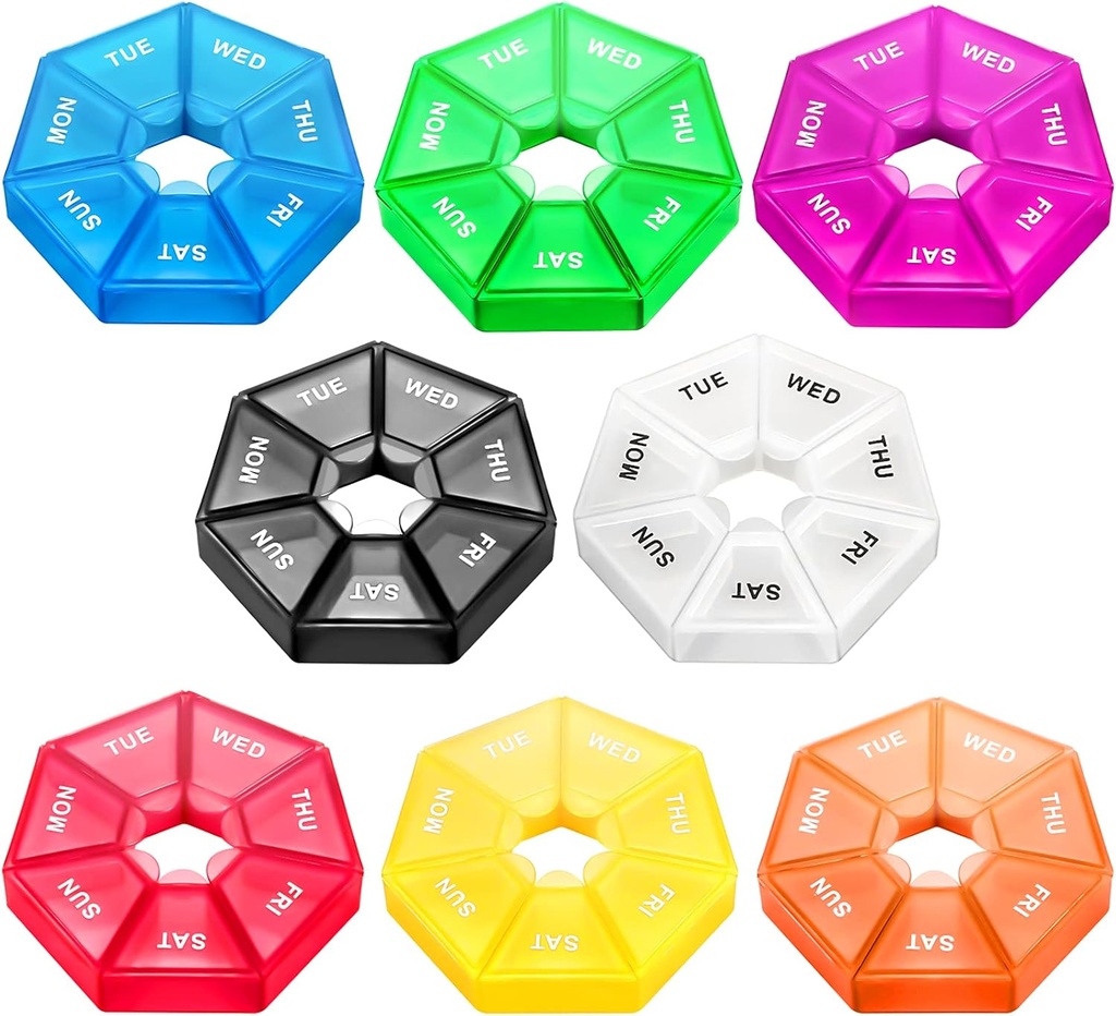 Ponpon 8pcs Pill Holder Box 7-Sided Portable Vitamin Holder Box Pill Organizer Medicine Planner (8 Corlor)