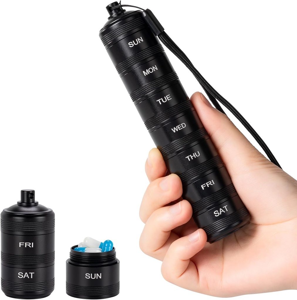 Φορητό Μεταλλικό Εβδομαδιαίος Διοργανωτής Χάπια - Αδιάβροχο κουτί χαπιών, Μικρό Συμπαγές Περιεχόμενο Κράματος Αλουμινίου Εβδομάδας Ταξιδιών, 7 Ημέρα Καθημερινής Ιατρικής Διοργανωτής Κάτοχος για Μικρά Χάπια, Μαύρο S