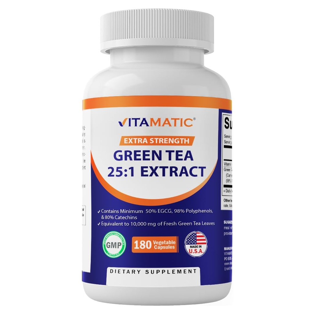 Vitamatic Πράσινο εκχύλισμα τσαγιού με βιταμίνη C, 25X πυκνό, 98% Πολυφαινόλες, 80% Κατεχίνες, 50% EGCG, 180 κάψουλες Veg