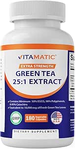 Vitamatic Green Tea Extract with Vitamin C, 25X Concentrate, 98% Polyphenols, 80% Catechins, 50% EGCG, 180 Veg Capsules