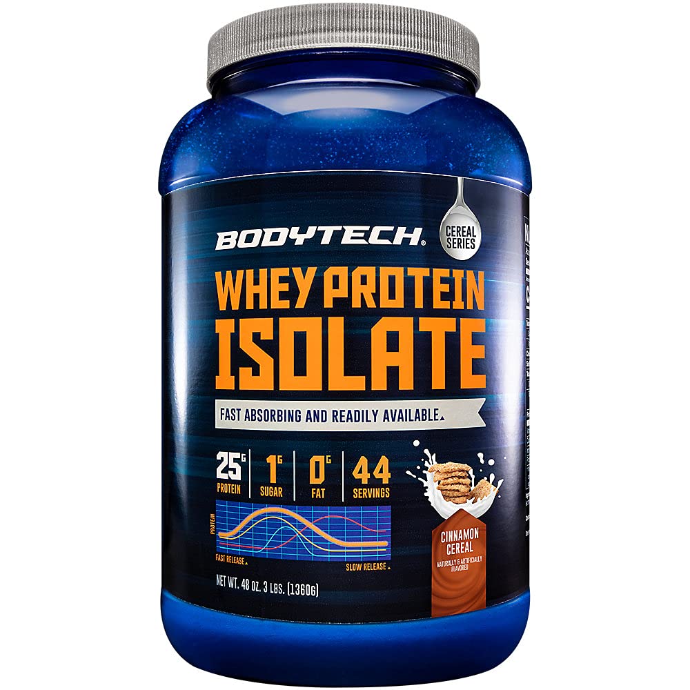BODYTECH Whey Protein Isolate Powder - με 25 γραμμάρια πρωτεΐνης ανά σερβίρισμα & BCAA's - Ιδανικό για την κατασκευή & ανάπτυξη μυών μετά την προπόνηση, Περιέχει γάλα & σόγια - Cinnamon Cereal (3 Λίρες)
