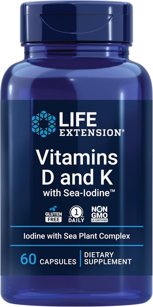 Life Extension Pregnenolone Hormone Balance 100mg, Vitamin D3 K1 K2 Iodine Immune Bone 60 Capsules Bundle