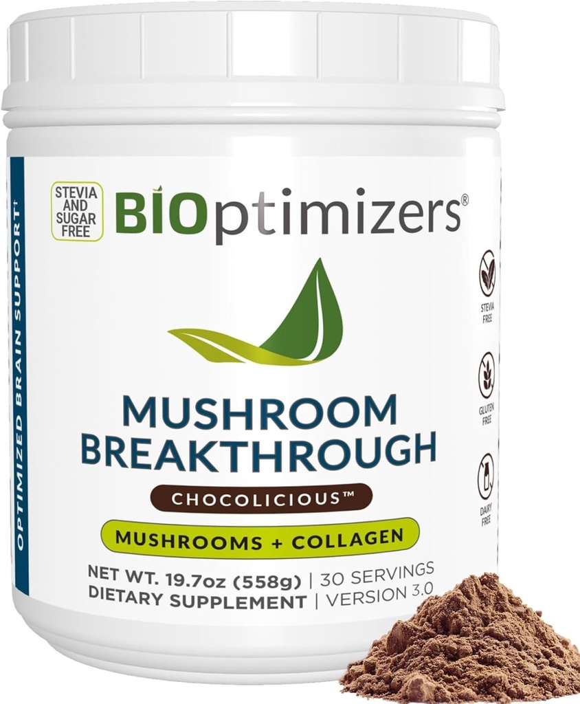 BIOptimizers Mushroom Coffee Alternative – Σοκολάτα Drink Lion’s Mane, Chaga, Reishi + Collagen Peptides for Focus, Energy & Gut Health – Adaptogenic Μανιτάρια & MCT Powder – 30 Σερβιέτες