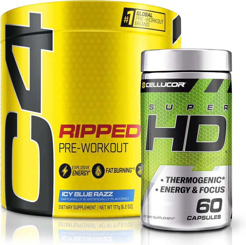 C4 Ripped & SuperHD, The The Thermogenic Bundle, C4 Ripped Pre Workout Powder, ICY Blue Razz 30 Μερίδες + SuperHD με Capsimax και Πράσινο Τσάι Extract, 60 Μερίδες