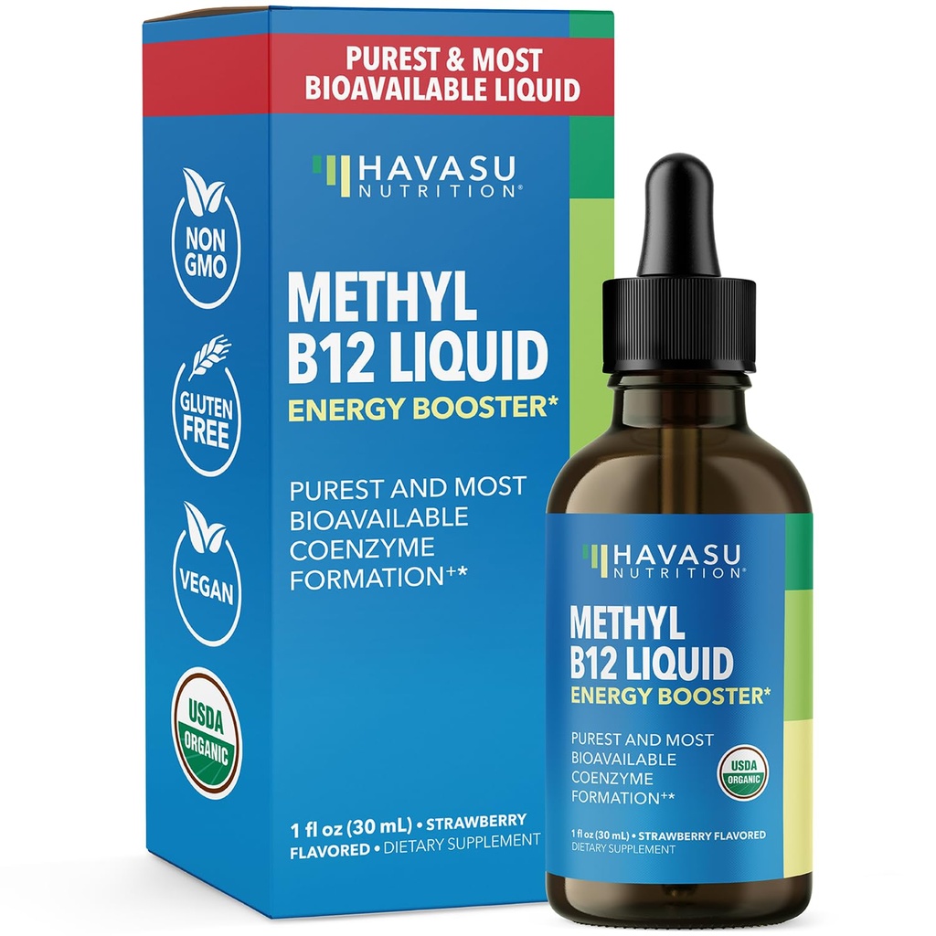 USDA Organic Vitamin B12 Liquid Drops - Μεθυλοκοβαλαμίνη για την ενίσχυση της ενέργειας και του νευρικού συστήματος Υποστήριξη - 30 εξυπηρετήσεις - Εξαιρετικά βιοδιαθέσιμες για απορρόφηση - μη-GMO, Vegan, Frawberry Flavor, 1 Fl Oz